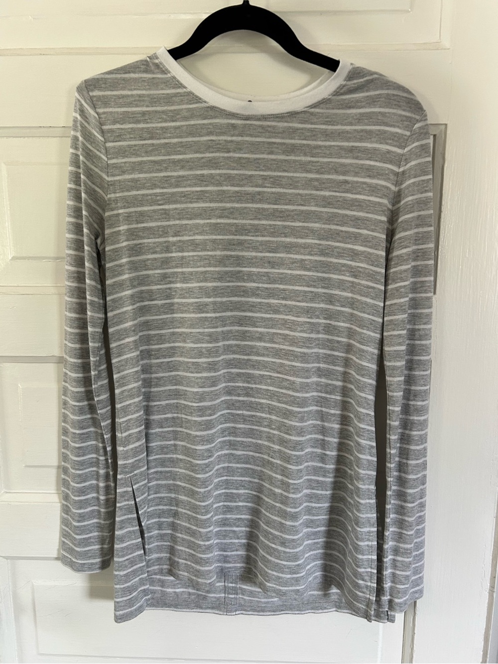 Athleta Gray and White Striped Long-Sleeve Lightweight Tee. Size XS